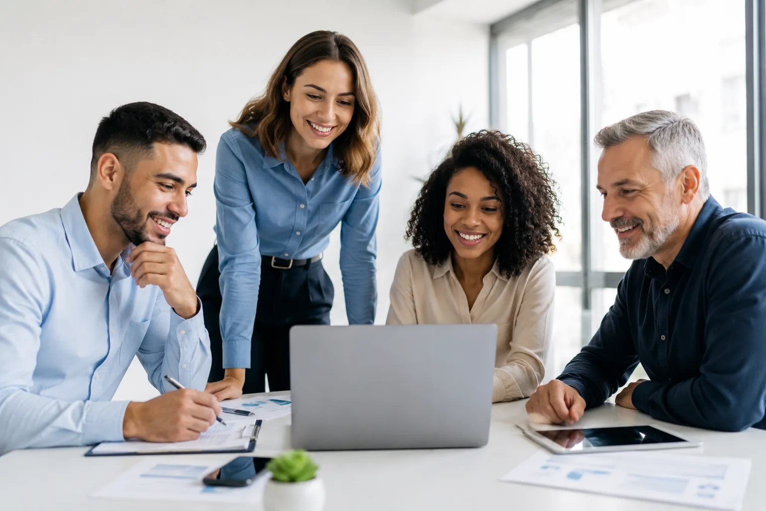 Pessoas em reunião de trabalho analisando relatórios